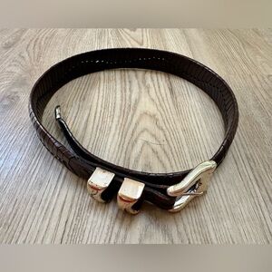 Brown leather belt with silver buckle, size 28